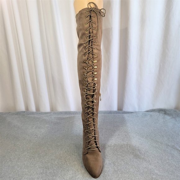 * So Me Taupe (Tan) Over The Knee Lace Up Block Heel Boots - Picture 3 of 12